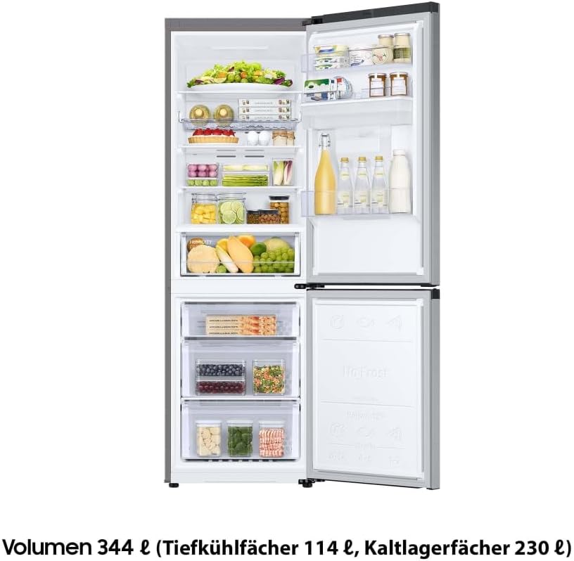Frigorífico combi Samsung, nevera con congelador, 185 cm, 341 l de capacidad total, 114 l de congelador, modo AI Energy, dispensador de agua, aspecto de acero inoxidable, RL34C652CSA/EG