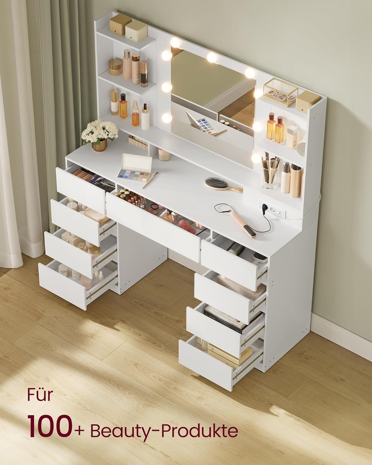 Colección VASAGLE Kailyn - Tocador con espejo y luces LED, regleta de enchufes, 9 cajones, 9 bombillas regulables, 3 colores de luz, rieles deslizantes sin herramientas, blanco nube RDT141WB02