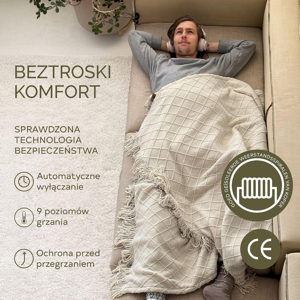 Grenlandia BOHEM Ogrzewany koc elektryczny, 180 x 130 cm, na sofę, koc grzewczy z 9 poziomami ciepła i timerem automatycznego wyłączania, miękki, elektryczny, nadający się do prania koc na sofę i