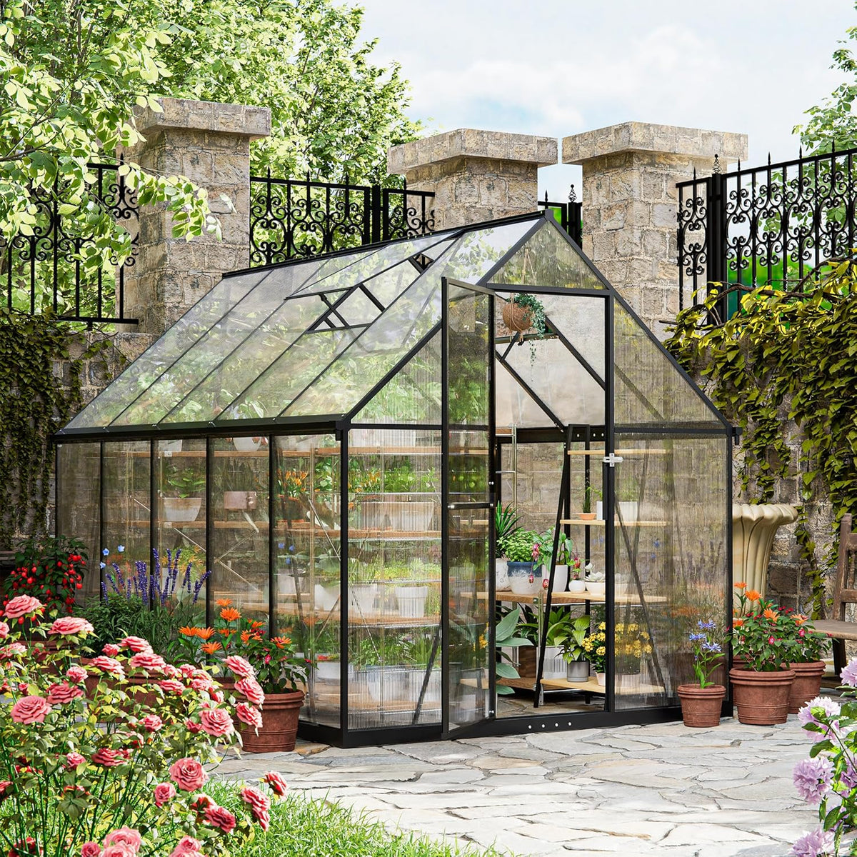 Invernadero de policarbonato ALAULM 175x281x195cm, con puerta con cerradura, techo a dos aguas, ventana de ventilación y canalones, resistente a la intemperie para terraza y jardín (negro)