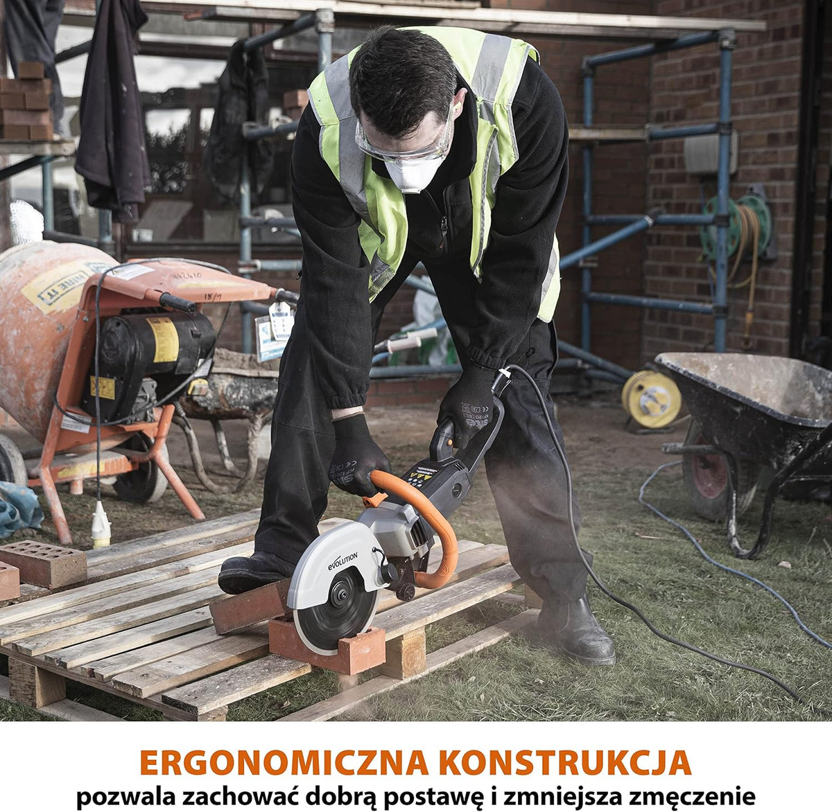 Evolution Power Tools Elektryczna przecinarka tarczowa i pilarka do betonu R230DCT z tarczą diamentową 230 mm (9”) do cięcia kamienia i metalu