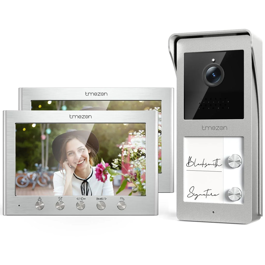 Videoportero TMEZON para 2 viviendas, monitor de 7 pulgadas, cámara HD, audio bidireccional, cable de 2 hilos, abrepuertas, visión nocturna