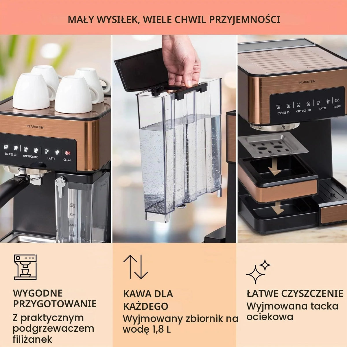 Ekspres kolbowy do espresso ze spieniaczem do mleka, Miniekspres do kawy 1,8 l z portafiltrem, Ekspres do kawy ze stali nierdzewnej z ciśnieniem 20 barów, 0,5-litrowy zbiornik na