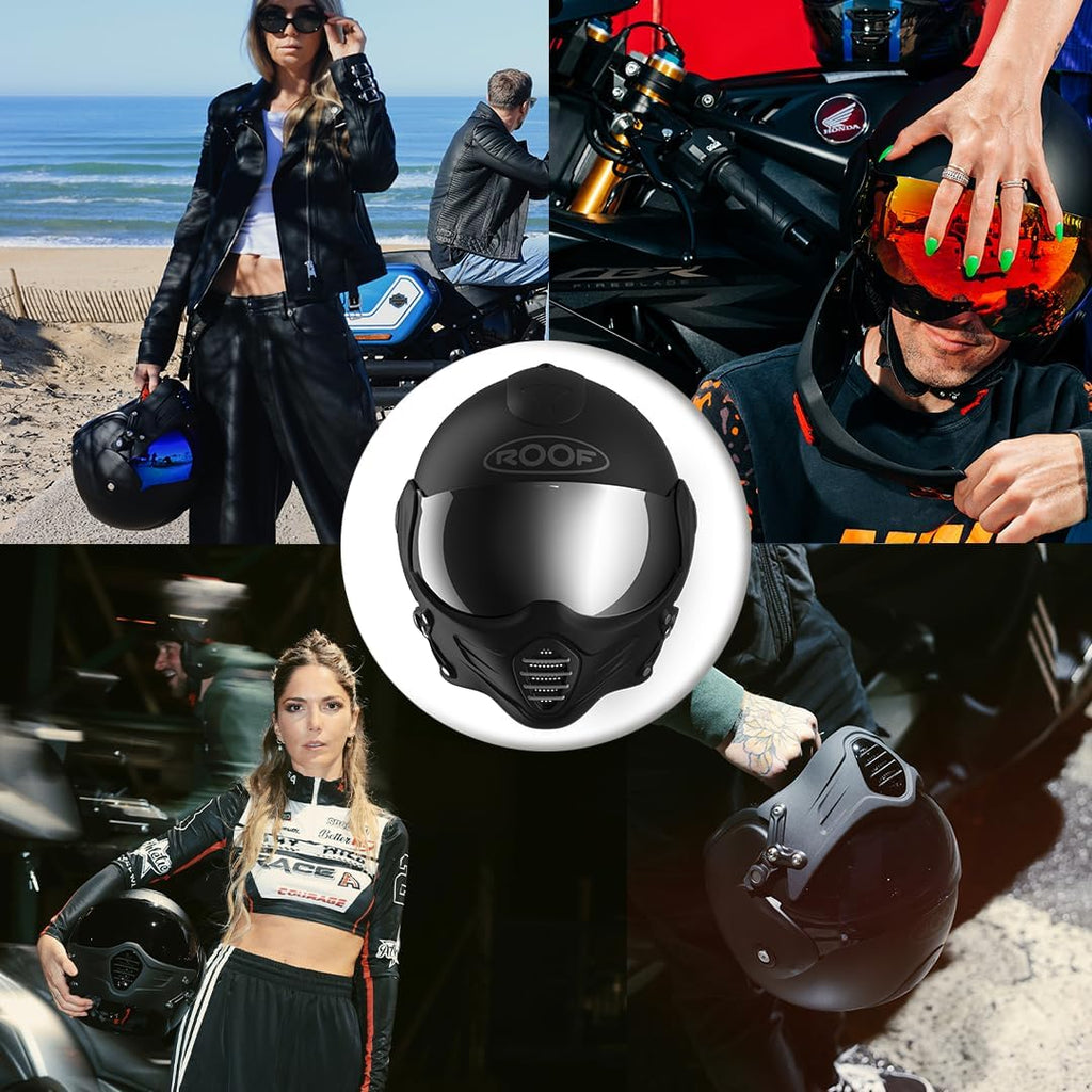 Casco de moto tipo jet de alta gama ROOF Roadster de fibra de vidrio con mentonera magnética extraíble, pantalla iridio incluida – Color Iron negro mate/plata – Oferta directa de fábrica – Garantía de 4 años