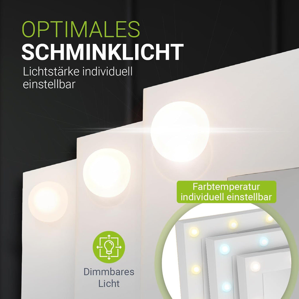 Tocador Juskys Lilia con espejo LED, 7 cajones, 3 niveles de iluminación, gran espacio de almacenamiento, diseño moderno, compacto y de fácil mantenimiento para el maquillaje - Blanco