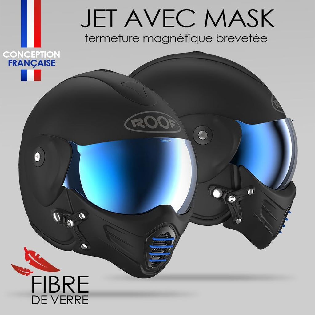 Casco de moto jet de alta gama ROOF Roadster de fibra de vidrio con mentonera magnética extraíble, pantalla iridio incluida – Color Iron negro mate/azul - Venta directa de fábrica - Garantía de 4 años