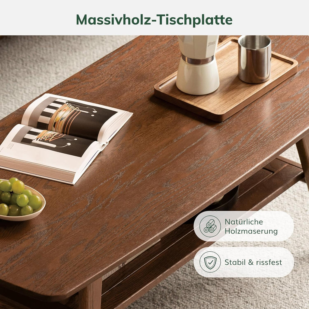 Mesa de centro YESWOOD de madera maciza de roble, mesa de salón con 2 niveles y espacio de almacenamiento, mesa de sofá para sala de estar, 80 x 50 x 44 cm, color nogal