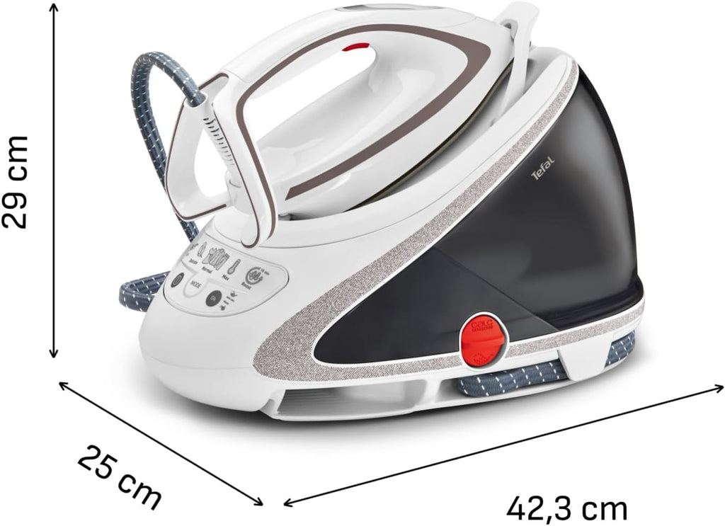 Centro de planchado Tefal Pro Express Ultimate, 7,7 bares, 155 g/min de vapor continuo, 500 g/min de golpe de vapor, 2600 vatios, colector de cal, plancha con centro de vapor, blanco/gris, GV9567