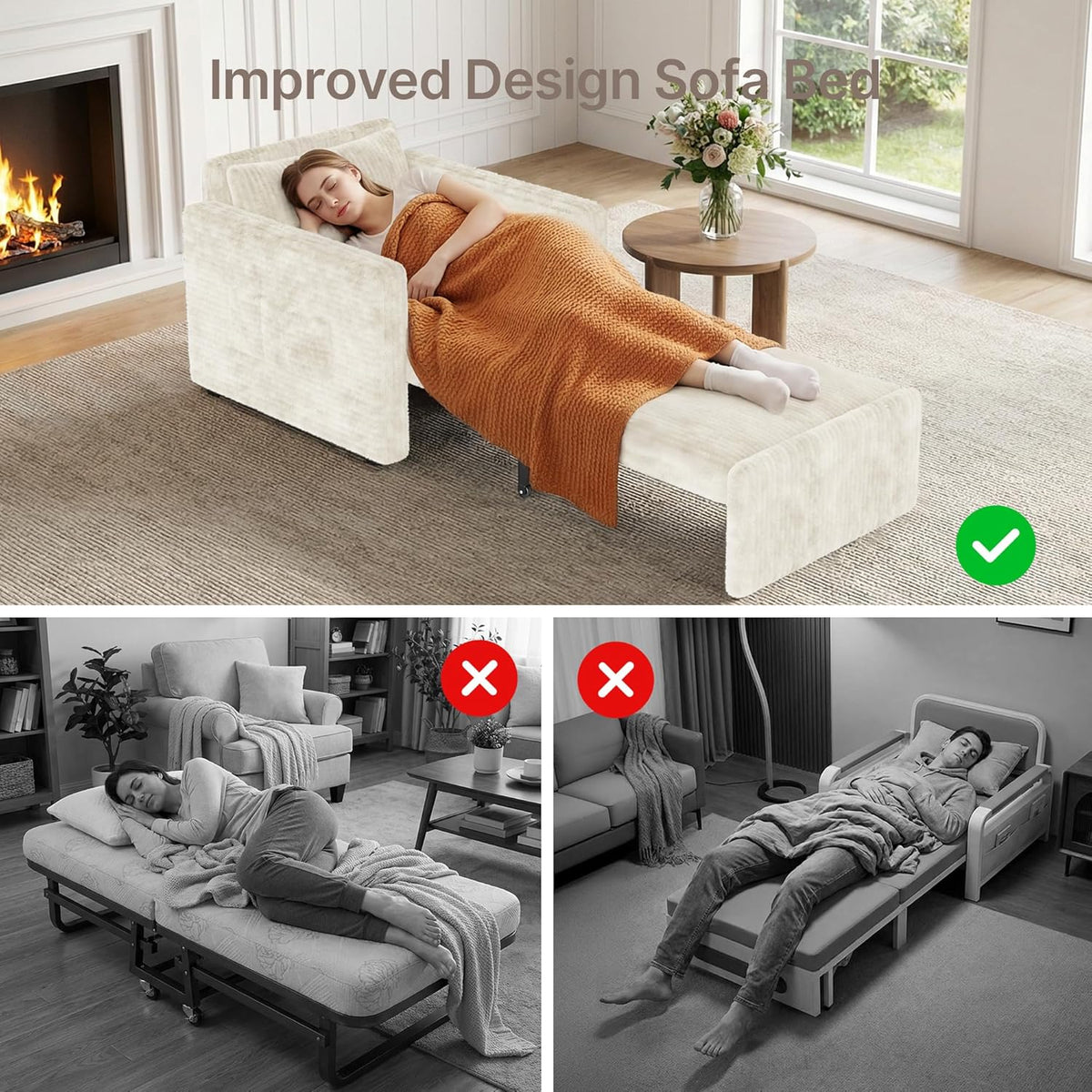 Sillón cama 3 en 1 Xbro con función de descanso, sofá cama individual extraíble, sofá cama con función de descanso, sillón cama de pana con cojín, sofá plegable para salón, dormitorio, beige