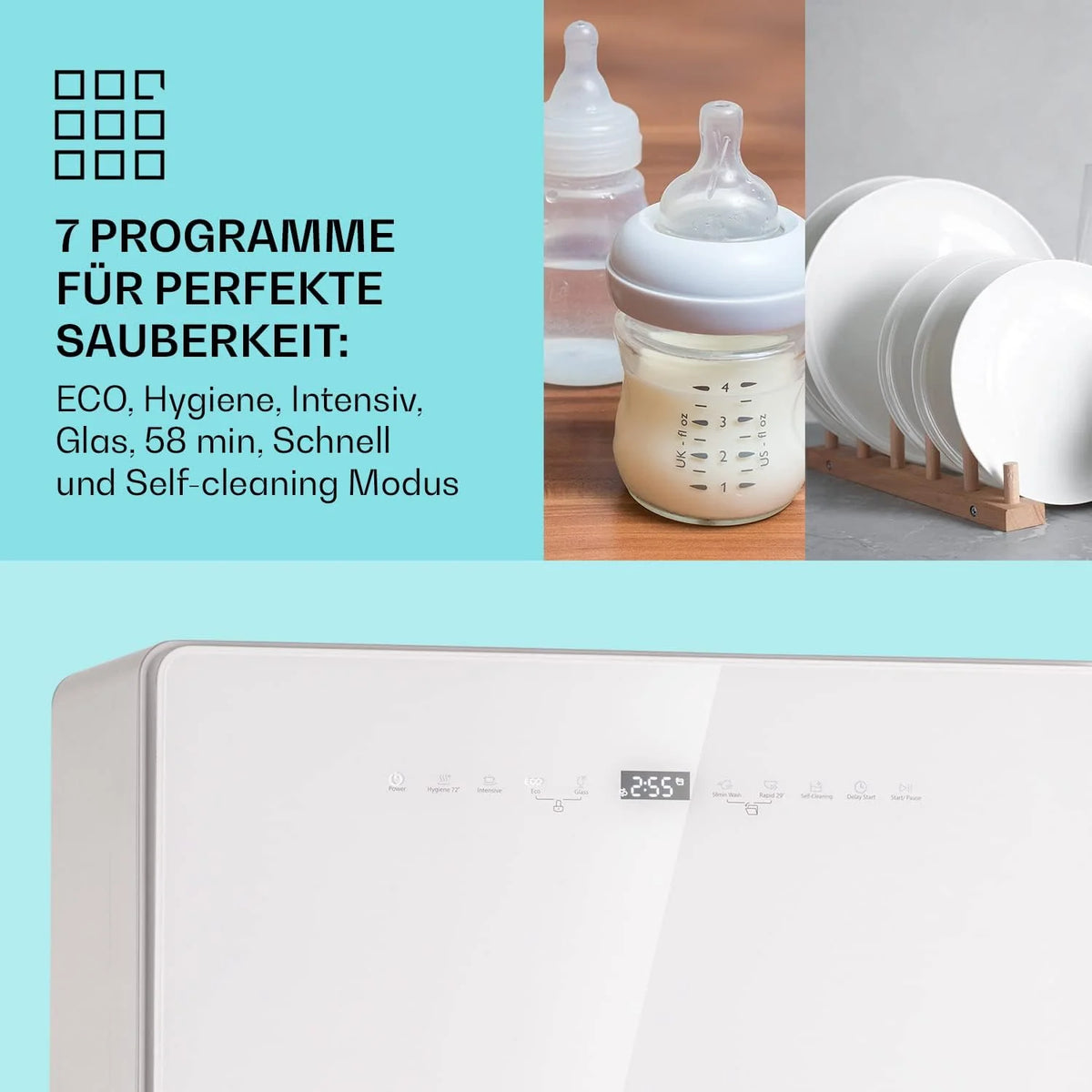 Klarstein Mini zmywarka na 5 kompletów, Cicha mała zmywarka z 7 programami, Mała zmywarka stołowa do domu, biura i na kemping, Mini zmywarka z podłączeniem do wody