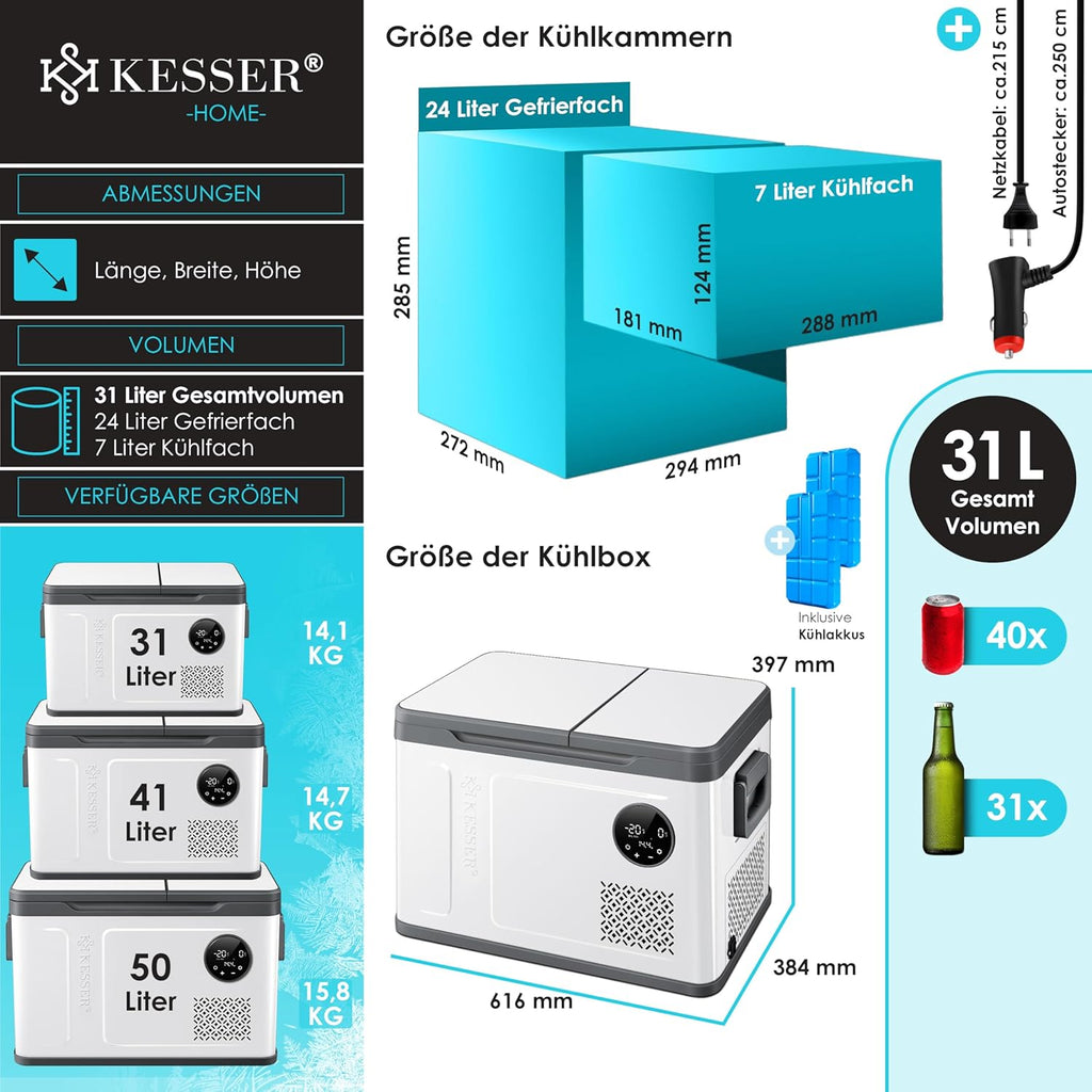 Nevera portátil con compresor KESSER 2 en 1 de doble zona, refrigeración y congelador eléctrico con 2 acumuladores de frío y panel táctil LED | Refrigerador con enfriamiento hasta -20 °C para camping, coche, camión 12/24V 230V