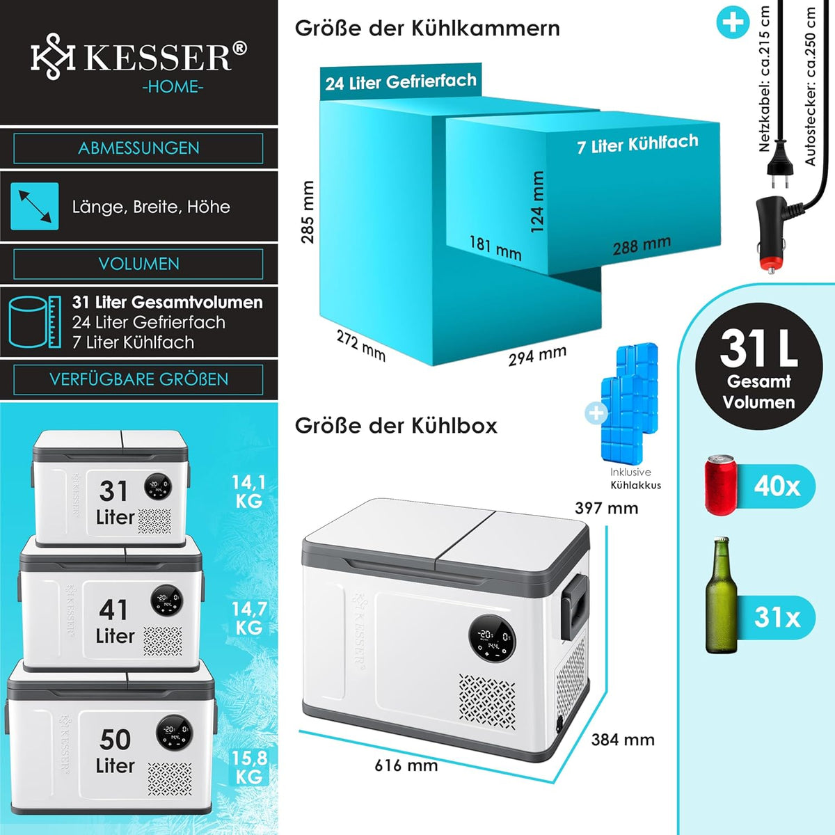 Nevera portátil con compresor KESSER 2 en 1 de doble zona, refrigeración y congelador eléctrico con 2 acumuladores de frío y panel táctil LED | Refrigerador con enfriamiento hasta -20 °C para camping, coche, camión 12/24V 230V