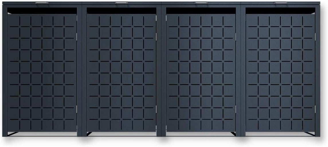Cubo para basura Metzler para 4 contenedores de 240L, color antracita con patrón cuadrado, revestimiento metálico para 4 cubos con cierre, cuatro contenedores con recubrimiento en polvo y resistentes a la intemperie con tapa automática | Geo