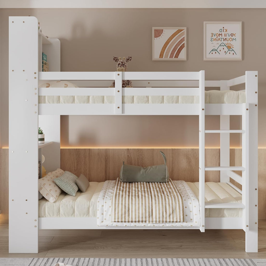 Cama infantil de 90x200 con estantes y escalera, cama funcional litera para 2 niños, litera cama alta juvenil con almacenamiento y somier, cama juvenil con marco de madera maciza, sin colchón, blanca