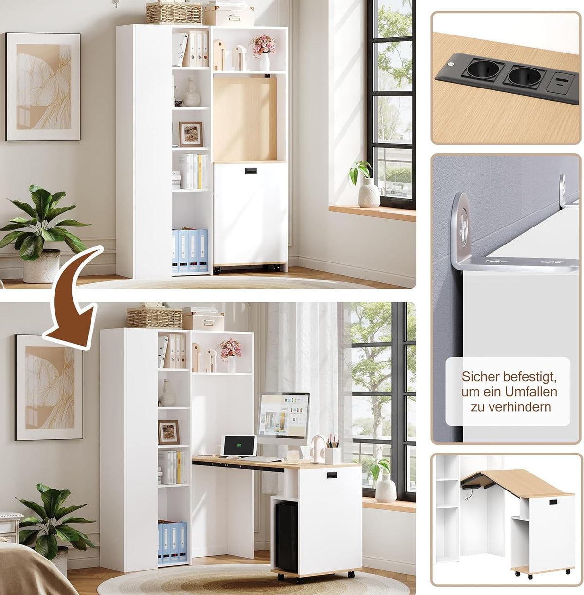 Escritorio plegable 2 en 1 Merax con estantes, toma de corriente y USB, protección antivuelco, escritorio esquinero izquierdo – Oficina en casa, apartamento de estudiantes, ahorro de espacio, funcional, estantería y puesto de trabajo, blanco
