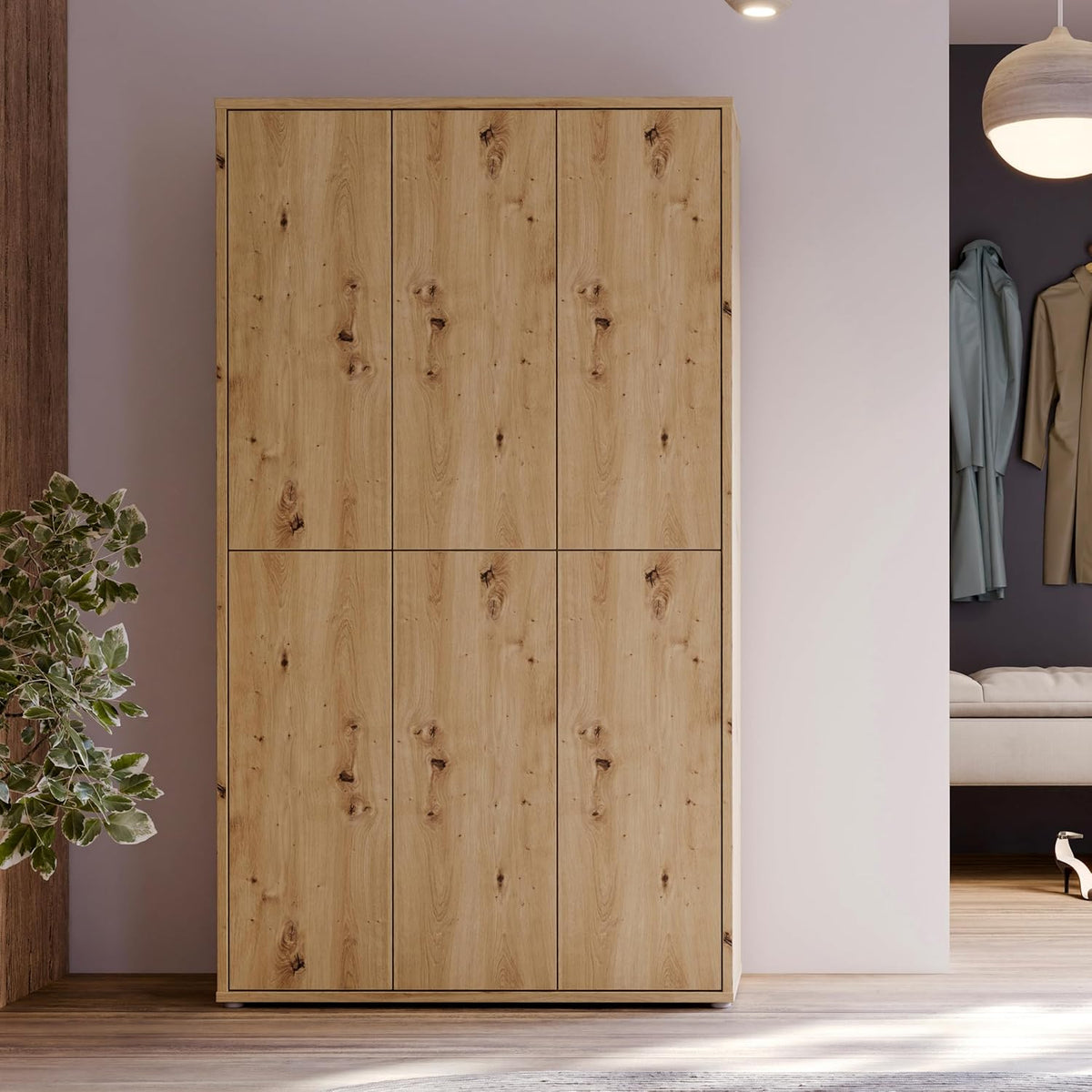 Zapatero Forte Alice Springs 100 110, mueble de recibidor moderno con 6 puertas y 15 estantes, madera contrachapada, acabado en roble Artisan, 109,2 cm de ancho x 191,9 cm de alto x 34,9 cm de profundidad