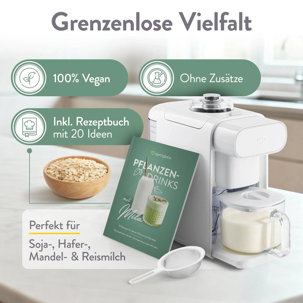 Springlane Kitchen Máquina de leche vegetal Mila 600ml, 6 programas, autolimpieza, pantalla LED, leche de frutos secos, leche de soja, bebidas de avena