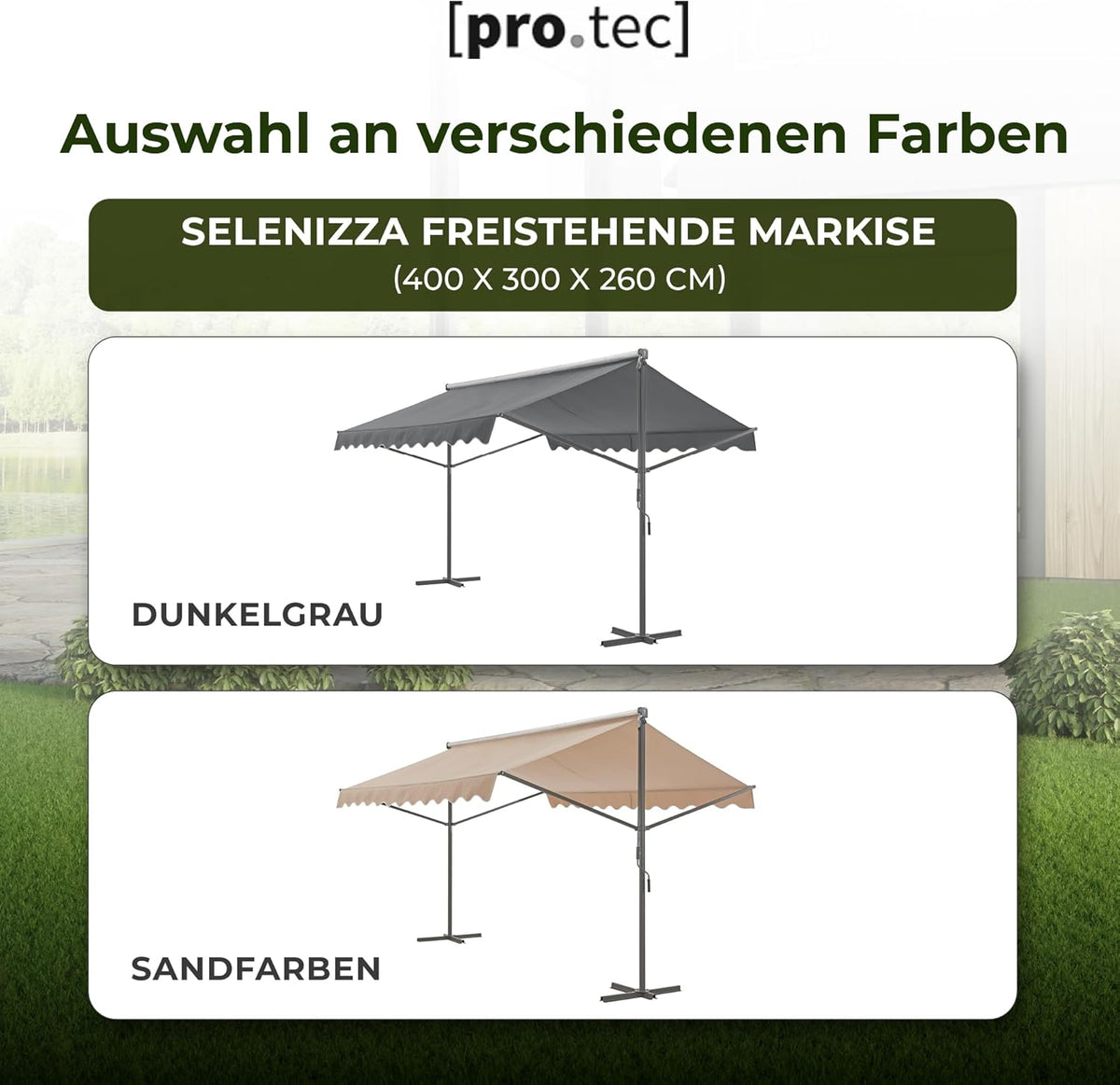 pro.tec Toldo independiente Selenizza toldo autoportante 400x300x260cm toldo de jardín protección solar cubierta de terraza exterior terraza jardín balcón gris oscuro
