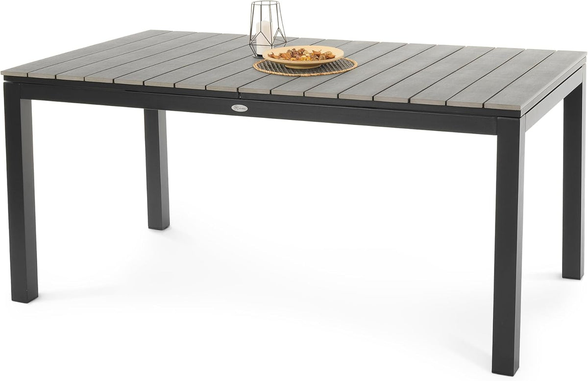 Mesa de jardín extensible di volio Drena 160x210 cm, mesa de terraza de aluminio resistente a la intemperie con aspecto de madera, mesa de comedor estable para jardín, terraza y balcón (gris)