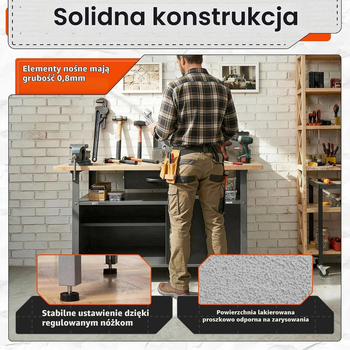 Ondis24 Stół warsztatowy Klaus 120 cm, metalowe drzwi zamykane, nogi z regulacją wysokości, wysokość robocza 85 cm, czarny blat bukowy