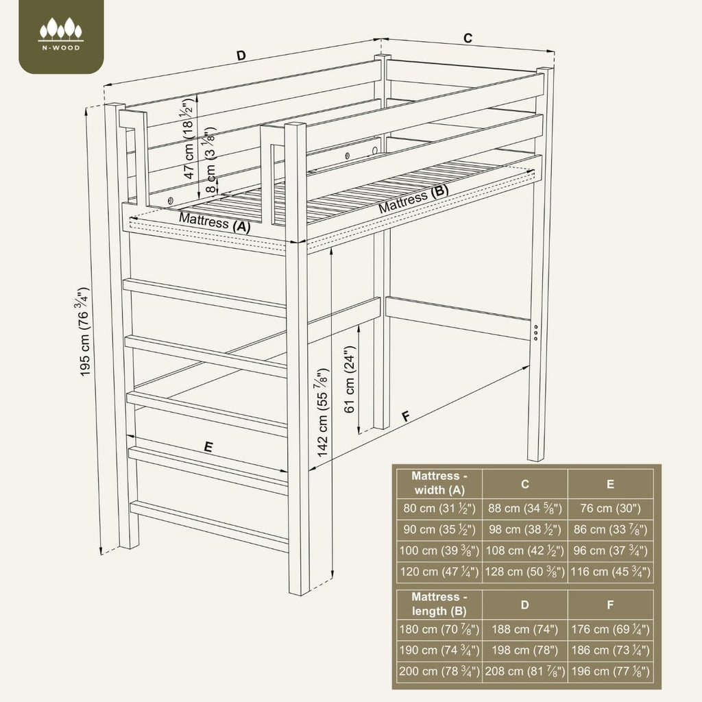 N01 Cama alta de madera 100x200 cm, litera con escalera, 2 lados de montaje de escalera: izquierda o derecha, bordes redondeados seguros, construcción estable de madera maciza, materiales de alta calidad, blanco