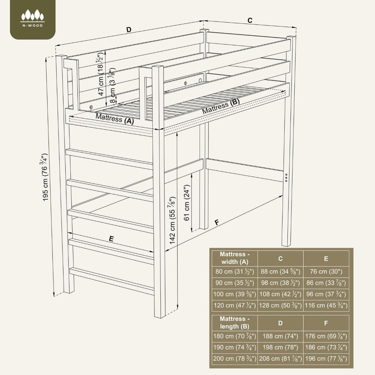 N01 Cama alta de madera 100x200 cm, litera con escalera, 2 lados de montaje de escalera: izquierda o derecha, bordes redondeados seguros, construcción estable de madera maciza, materiales de alta calidad, blanco