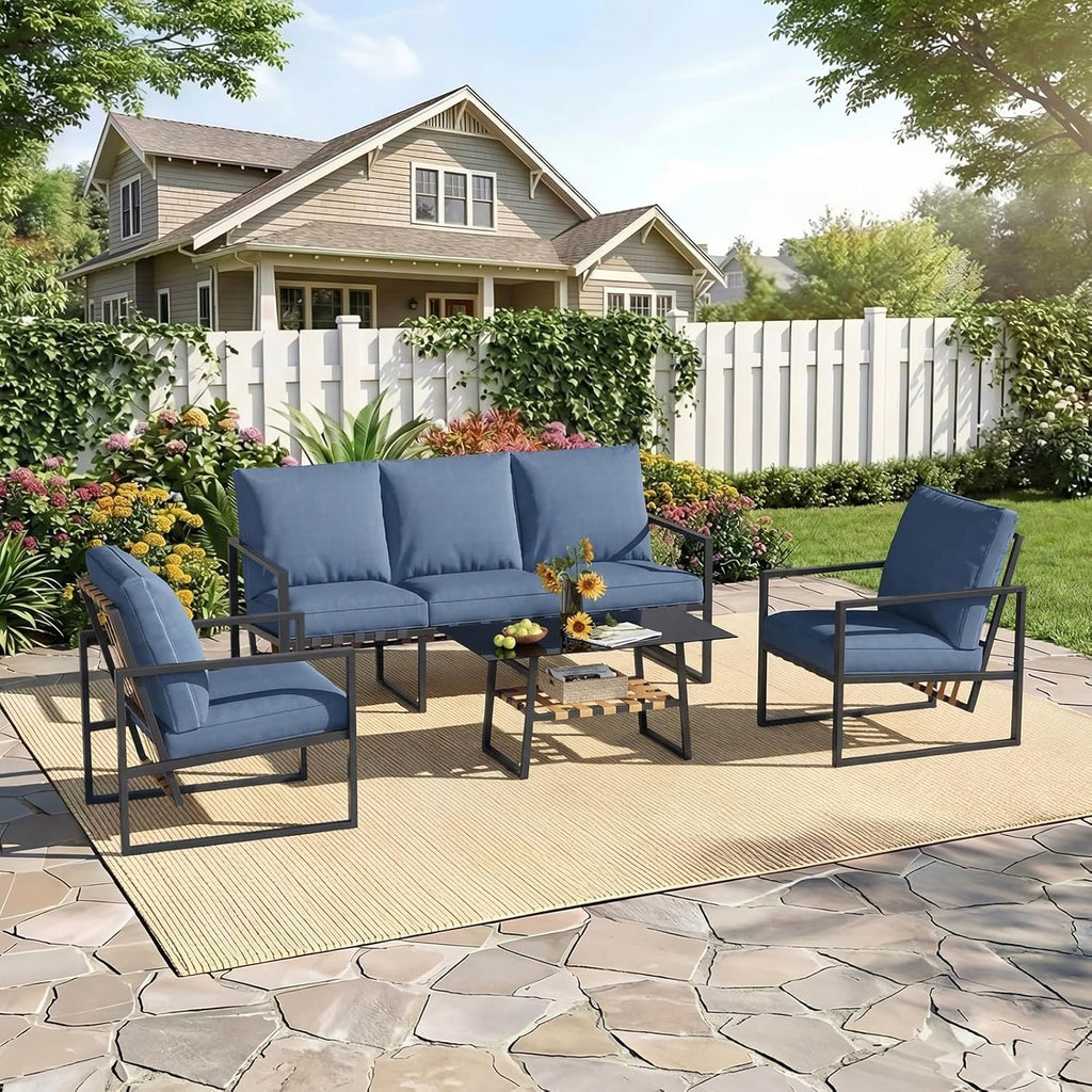 YODOLLA Juego de muebles de jardín, conjunto de 4 piezas para 4-5 personas, muebles de balcón con respaldos de ratán sintético, sofá de 3 plazas y 2 sillones con mesa de centro para jardín, azul oscuro