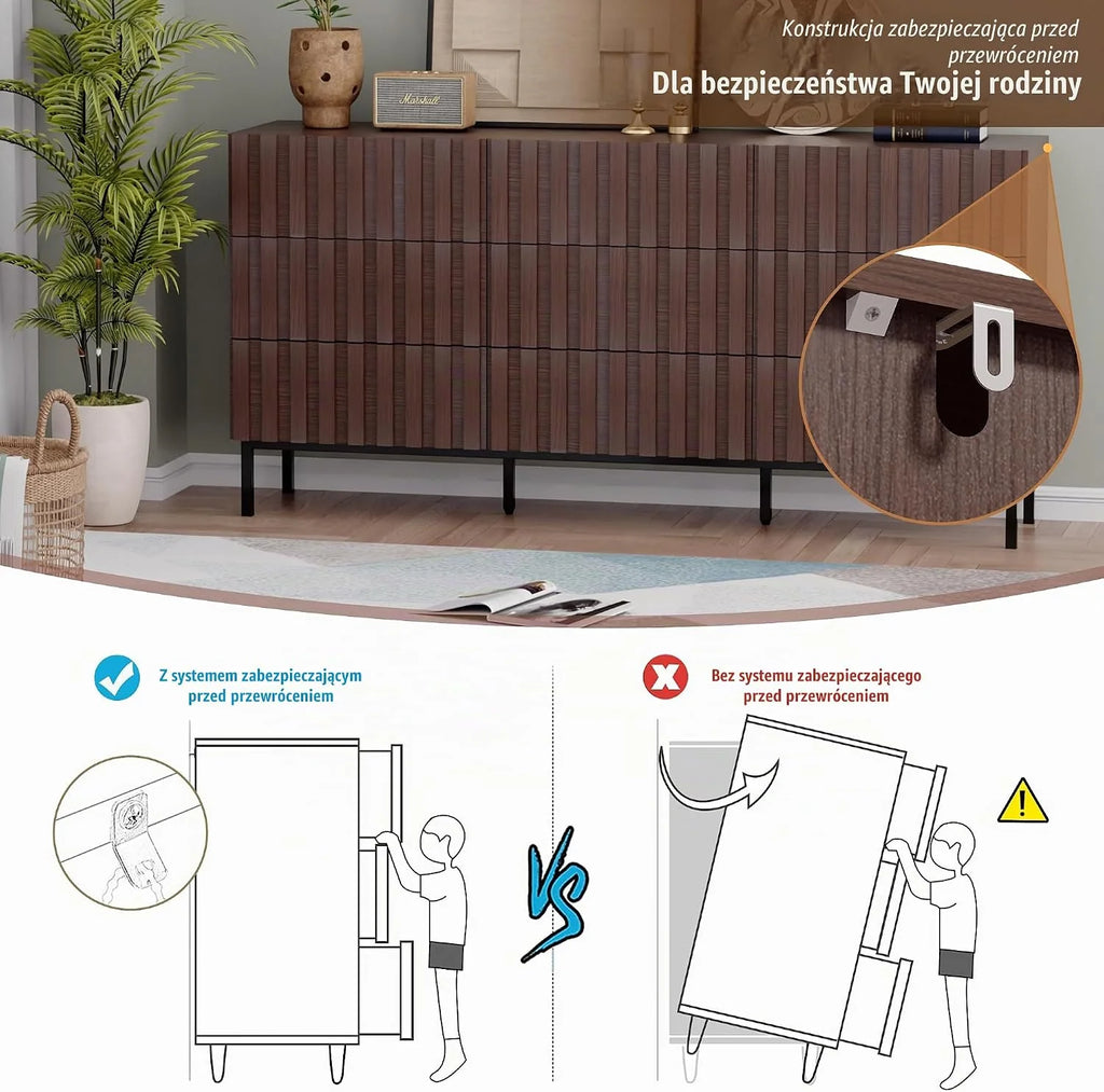 UEV Komoda z 9 szufladami 150 cm, wąska komoda, duża przestrzeń do przechowywania, szafa z dużym sufitem, do salonu, sypialni, biura, metalowych nóżek, 150 x 34 x 72 cm, orzech