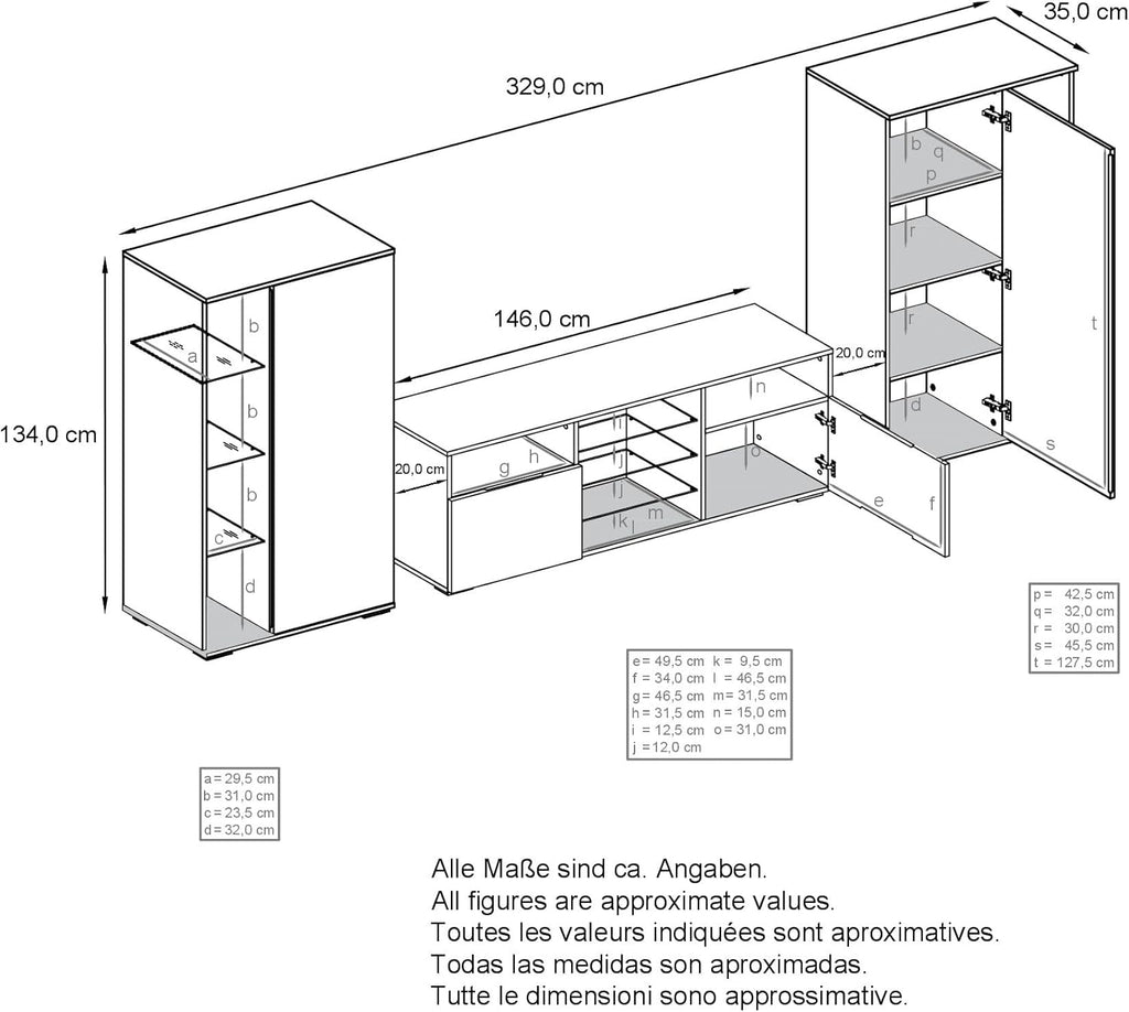 Mueble de salón Vladon Davos, compuesto por 2 vitrinas y 1 mueble para TV, antracita mate/blanco brillo, incl. iluminación LED (329 x 134 x 35 cm)