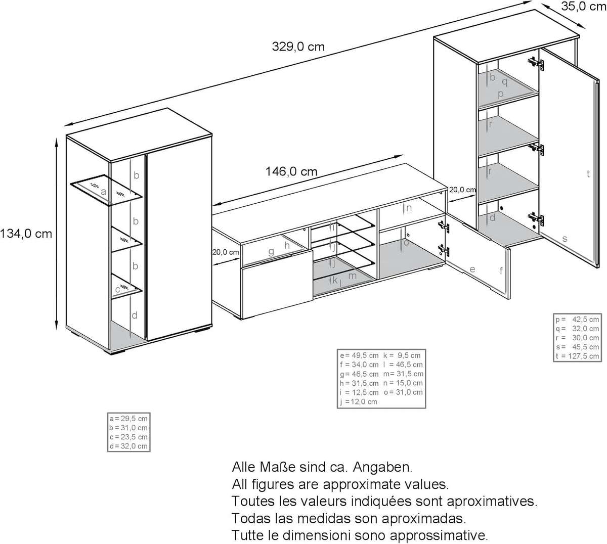 Mueble de salón Vladon Davos, compuesto por 2 vitrinas y 1 mueble para TV, antracita mate/blanco brillo, incl. iluminación LED (329 x 134 x 35 cm)