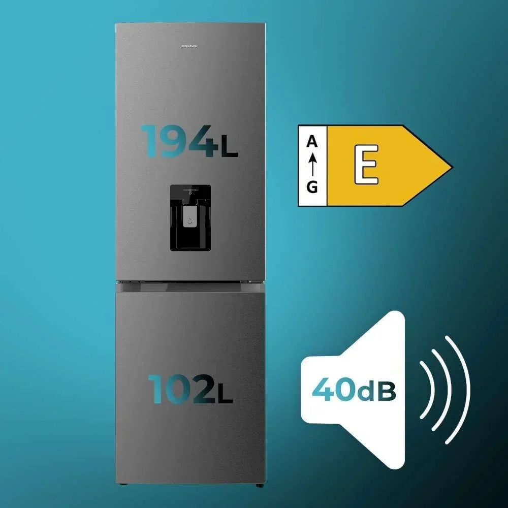 Frigorífico Combi Cecotec de 2 puertas con dispensador de agua Bolero CoolMarket Combi 296 DF WD Dark E. 296 L, 60 cm de ancho, funciones FastCooling, FastFreezing y DeFrost, luz LED interior, Dark Inox