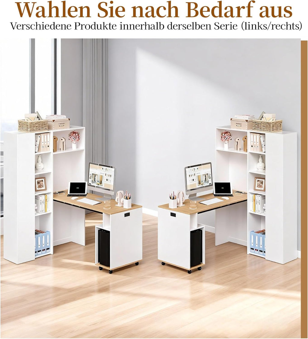 Escritorio plegable 2 en 1 Merax con estantes, toma de corriente y USB, protección antivuelco, escritorio esquinero izquierdo – Oficina en casa, apartamento de estudiantes, ahorro de espacio, funcional, estantería y puesto de trabajo, blanco