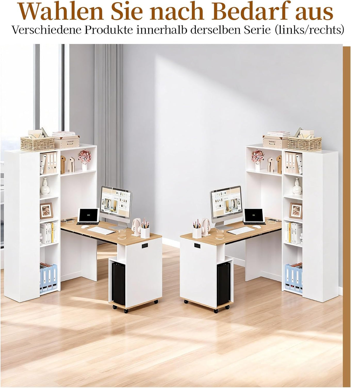 Escritorio plegable 2 en 1 Merax con estantes, toma de corriente y USB, protección antivuelco, escritorio esquinero izquierdo – Oficina en casa, apartamento de estudiantes, ahorro de espacio, funcional, estantería y puesto de trabajo, blanco