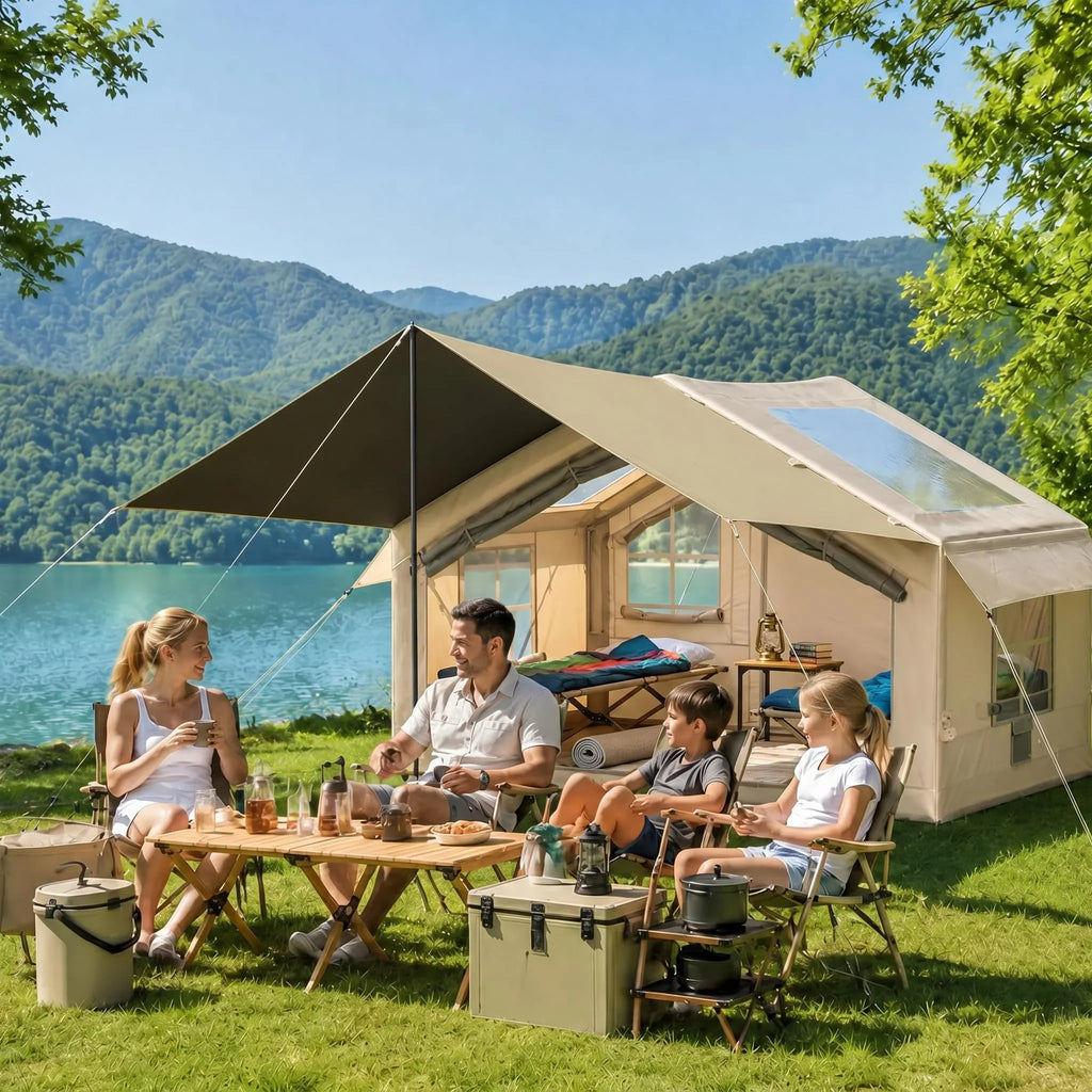 Tienda de campaña hinchable HAUSPROFI para 3-4 personas, 6,3 m² de estilo glamping con avance, apertura para chimenea, 200 cm de altura, 420D impermeable, bomba incluida