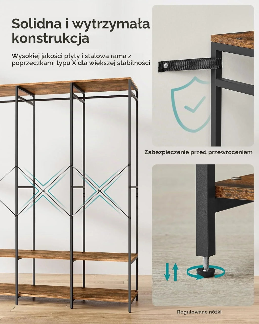 SONGMICS Przenośna szafa na ubrania, składana szafa, wieszak na ubrania, wolnostojący, organizer do szafy, z wiszącymi drążkami, półki do przechowywania, zdejmowane haczyki, 40 x 141 x 180 cm