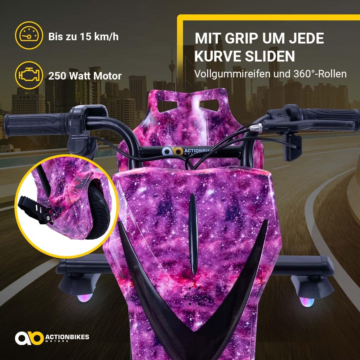 Actionbikes Motors Patinete Eléctrico Infantil para Derrapes | Motor de 𝟐𝟓𝟎 W - Carrito de Derrape 360° - 3 Niveles de Velocidad - Iluminación LED - Asiento Ajustable - Bluetooth - Kart de Derrape - Coche de Derrape (Space Purple)