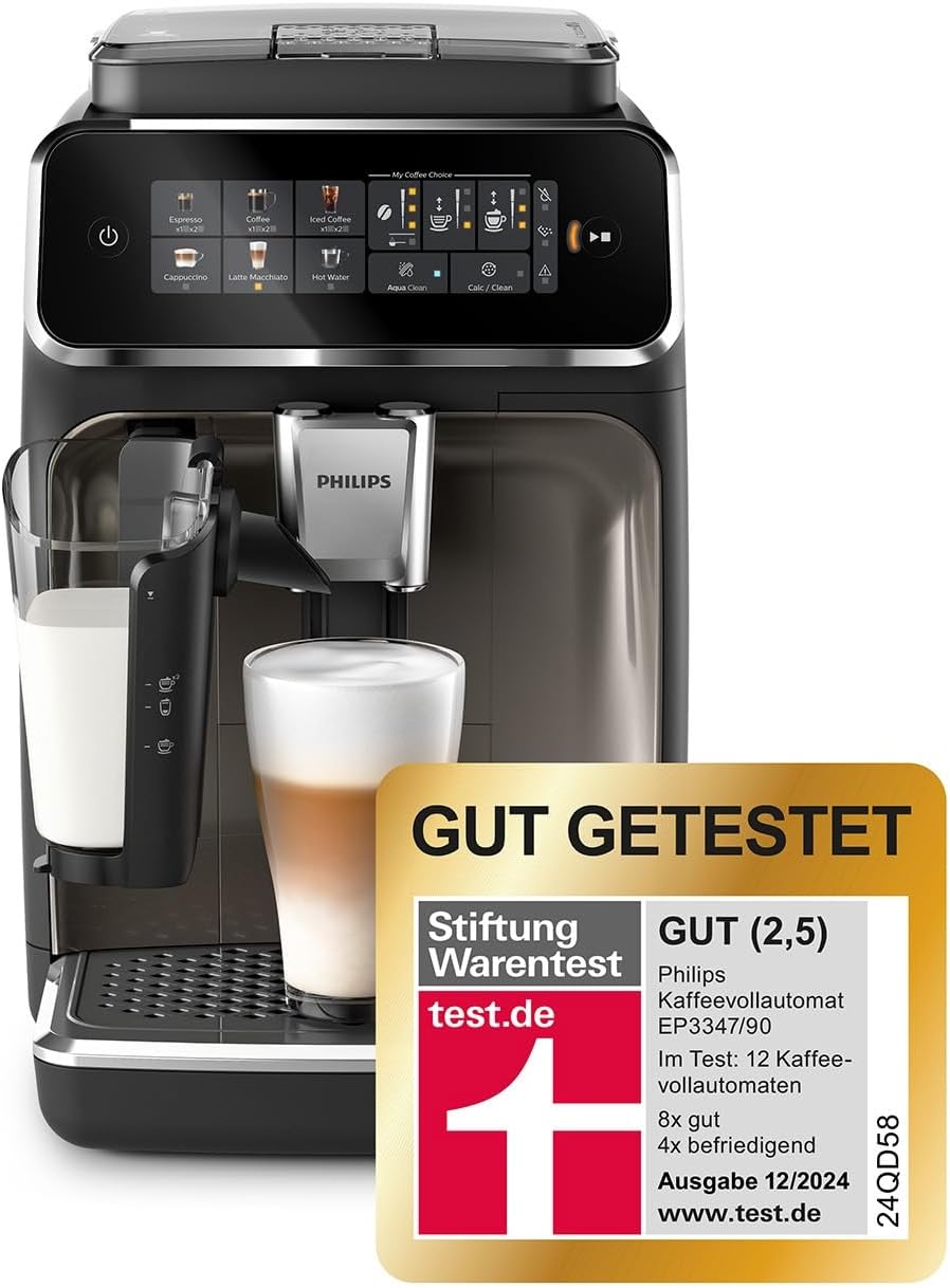 Cafetera superautomática Philips Serie 3300: 6 bebidas, pantalla táctil a color moderna, sistema de leche LatteGo, SilentBrew, molinillo 100% cerámica, filtro AquaClean. Cromo negro (EP3347/90)