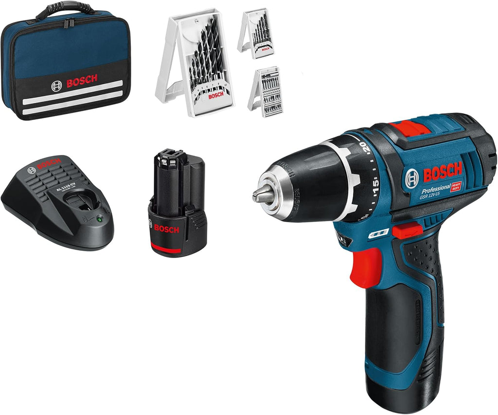 Taladro atornillador a batería Bosch Professional 12V System GSR 12V-15 (incluye 2 baterías de 2,0 Ah, cargador, set de 39 accesorios, bolsa de herramientas) - Exclusivo de Amazon