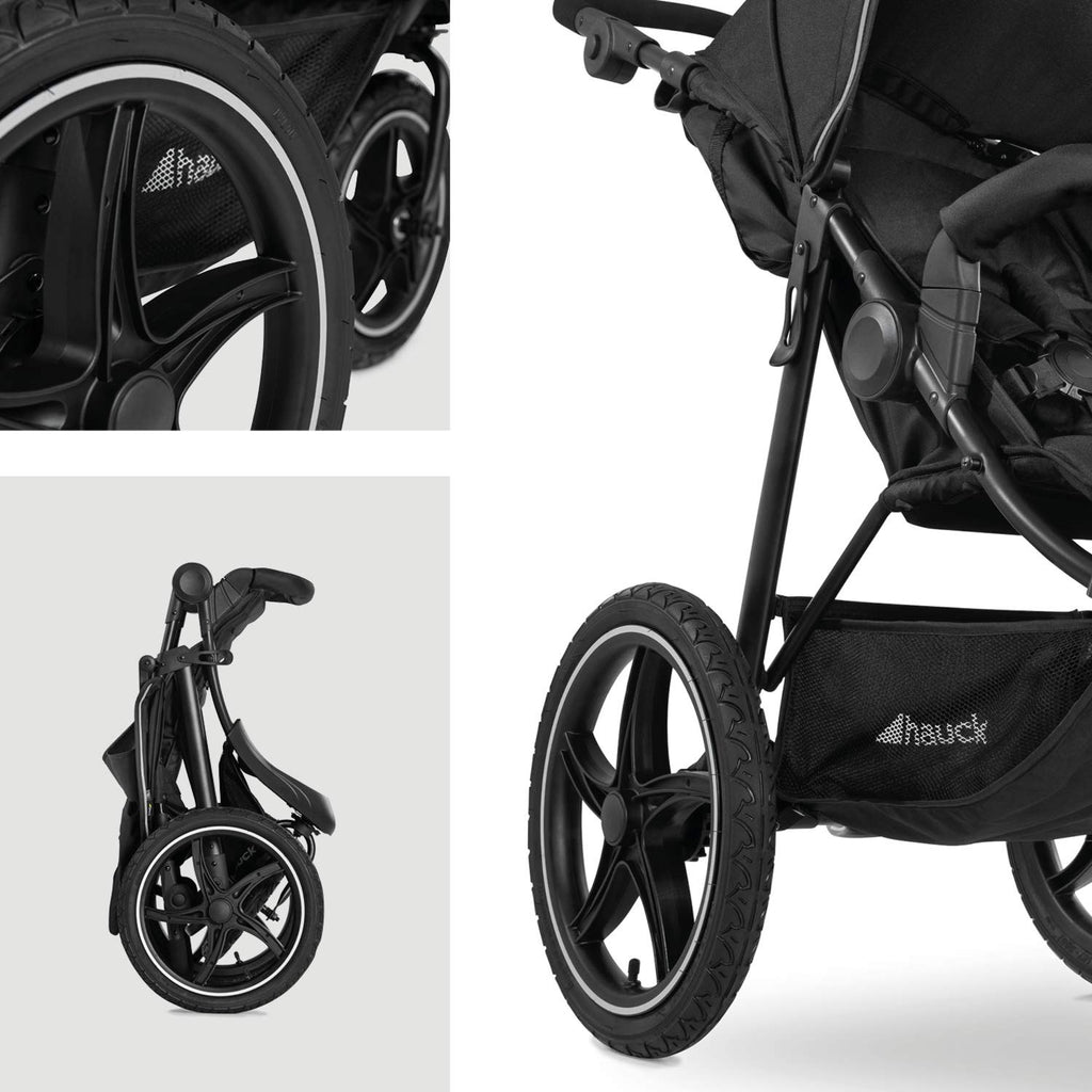 Cochecito hauck Runner 2, silla de paseo de tres ruedas con ruedas neumáticas XL para niños de hasta 22 kg, protección UV 50+, ventana de ventilación, altura ajustable, plegable, cesta XL de hasta 3 kg, función de reclinado (negro)