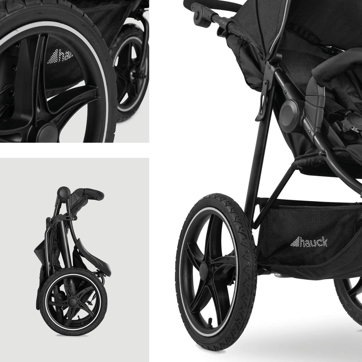 Cochecito hauck Runner 2, silla de paseo de tres ruedas con ruedas neumáticas XL para niños de hasta 22 kg, protección UV 50+, ventana de ventilación, altura ajustable, plegable, cesta XL de hasta 3 kg, función de reclinado (negro)