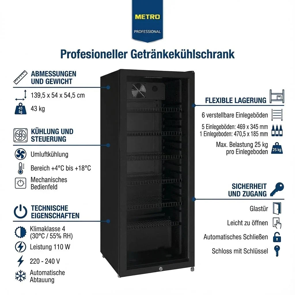 METRO Professional Nevera para bebidas GSC4240B, 237 L, 6 estantes ajustables, LED, clase energética C, bisagra de puerta fija