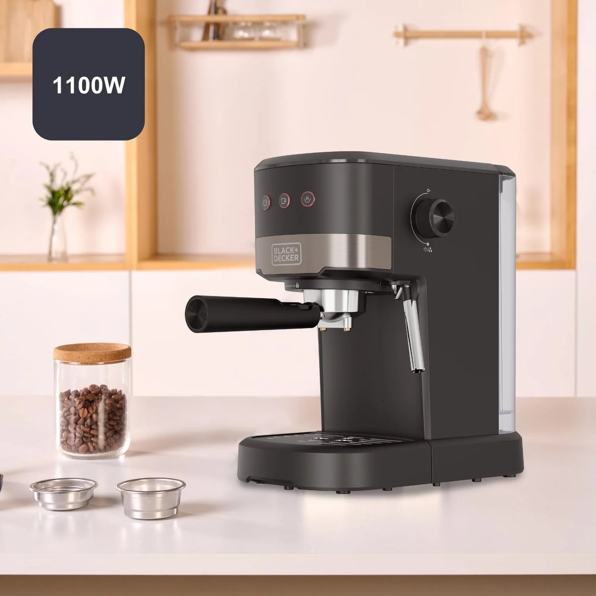 Black+Decker - Kompaktowy ekspres do kawy 1100 W | 20 barów ciśnieniowych | 3 funkcje | zintegrowana dysza parowa | wyjmowany zbiornik 1,4 l | Do kawy mielonej i kapsułek | Nowoczesny design