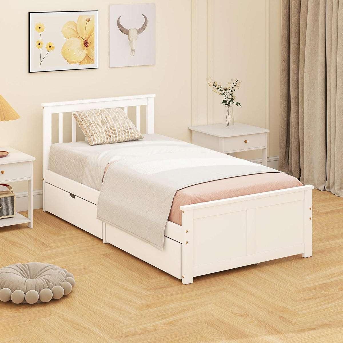 HOMCOM Cama de 90 x 200 cm, estructura de cama con somier de láminas de madera, cajón, almacenaje bajo la cama, cama individual, cama de madera con cabecero, estructura de cama para dormitorio, habitación de invitados, blanco