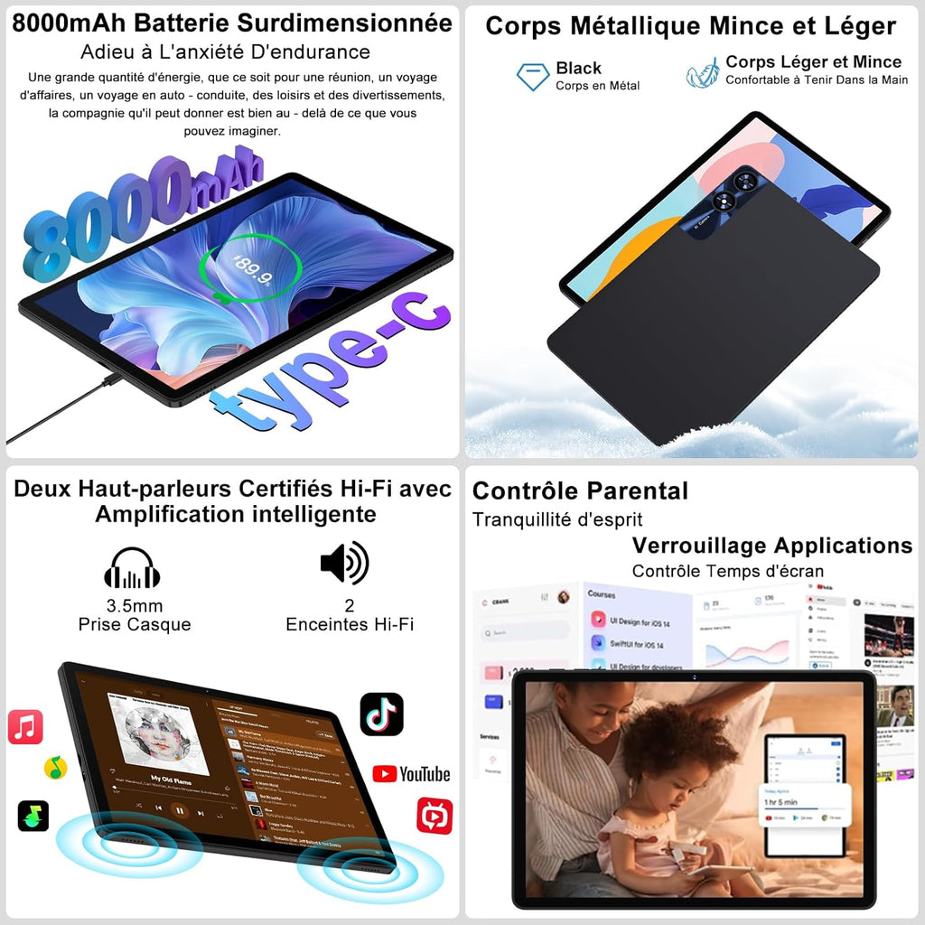 Tableta Android de 11 pulgadas con 24 GB de RAM y 256 GB de ROM (TF/2 TB), procesador Octa-Core de 2,0 GHz, WiFi 2,4G/5G, Bluetooth 5.0, Widevine L1, 8000 mAh, 5 MP + 13 MP, FHD 1280 x 800 píxeles, pantalla táctil con funda - Negro