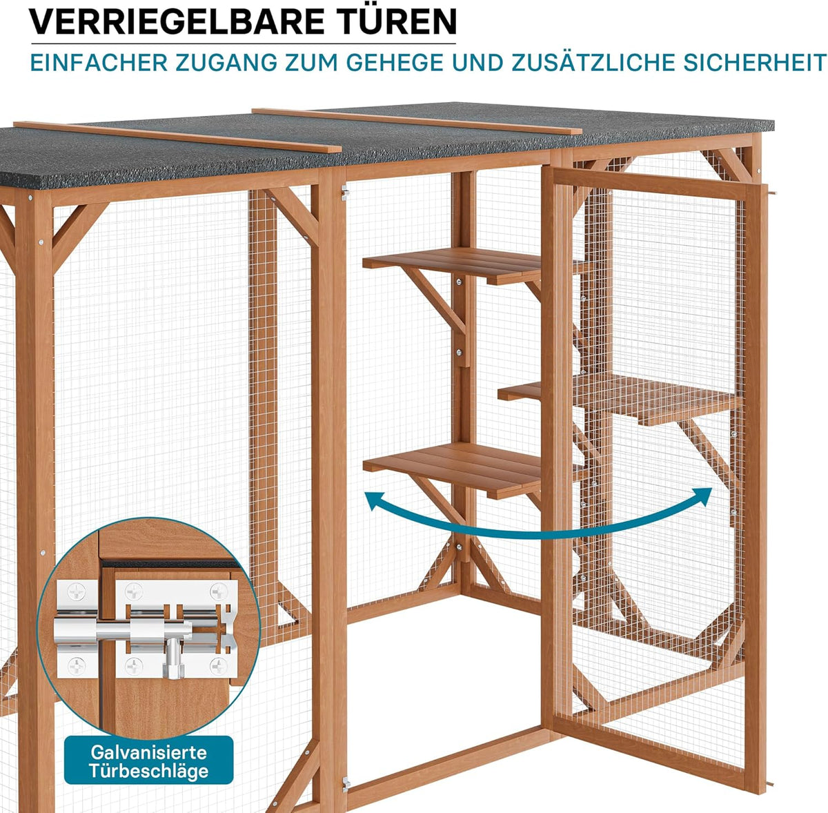 Recinto exterior para gatos Wiltec 168 x 82 x 166,5 cm con 6 superficies de descanso, recinto para gatos resistente a la intemperie para jardín, caseta para gatos con malla de alambre y techo de betún