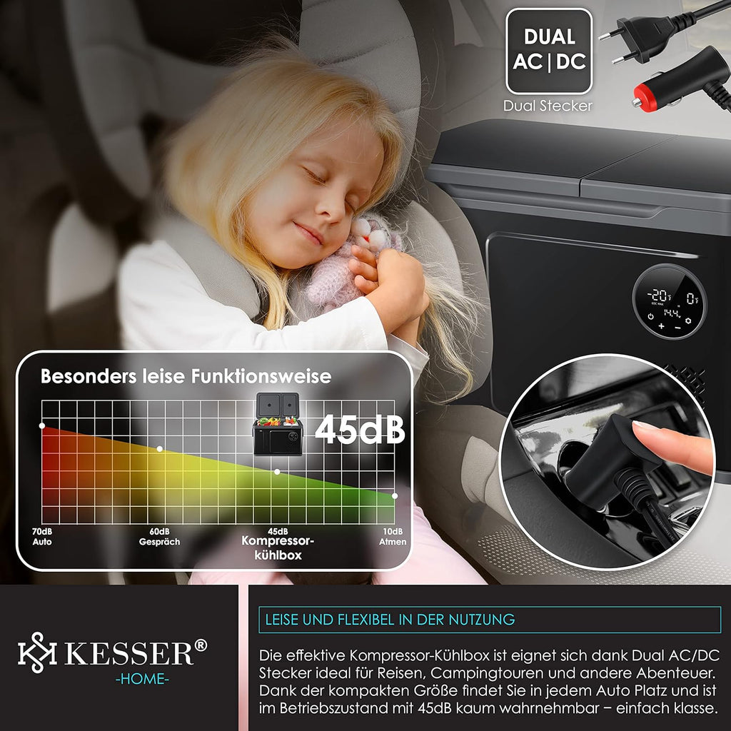 Nevera portátil con compresor KESSER 2 en 1 de doble zona, refrigeración y congelador eléctrico con 2 acumuladores de frío y panel táctil LED | Refrigerador con enfriamiento hasta -20 °C para camping, coche, camión 12/24V 230V