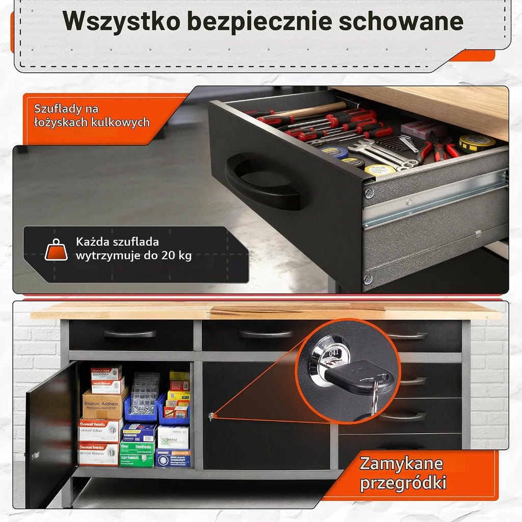 Ondis24 Stół warsztatowy Karsten stół warsztatowy, stół do pakowania, 6 szuflad, wyposażenie warsztatowe, 160 x 60 x 85 (wys.) cm, blat roboczy z drewna bukowego, obciążenie do 510 kg