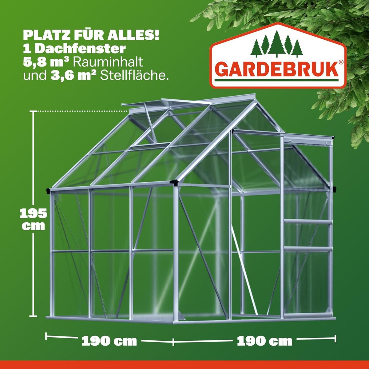 Invernadero GARDEBRUK® de aluminio 3,6m² 190x190cm incl. ventana de techo, caseta para tomates, invernadero, semillero, cobertizo de jardín, cama caliente, casa de plantas, cultivo 5,8m³