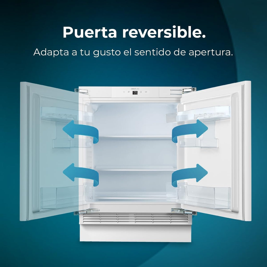 Mini frigorífico integrable Cecotec 138 L Bolero CoolMarket TT BI 138 White E. Altura 81,8 cm, 59,5 cm de ancho, pantalla táctil, enfriamiento rápido, puerta reversible, temperatura ajustable