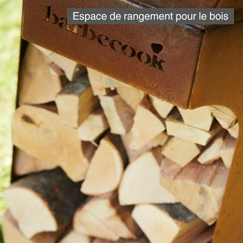 Barbacoa brasero Barbecook Nestor Original, barbacoa de leña para exteriores con plancha, mesas auxiliares y parrilla elevada de acero corten, 128x120x120cm